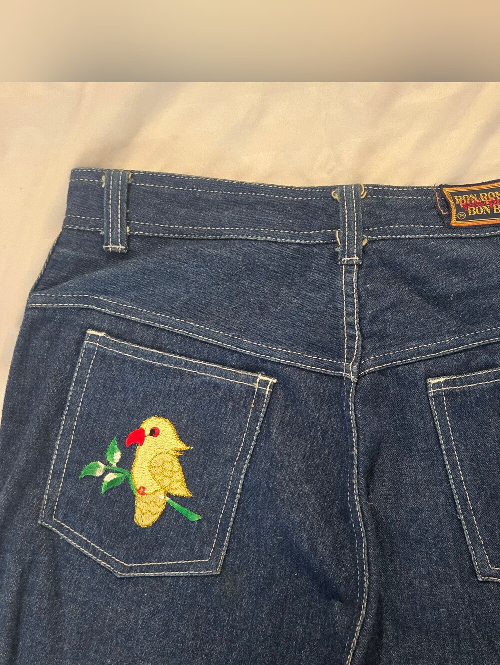 Vintage 70s/80s Bon Bon High-Waisted Denim Jeans with Bird & Floral Patches (13)